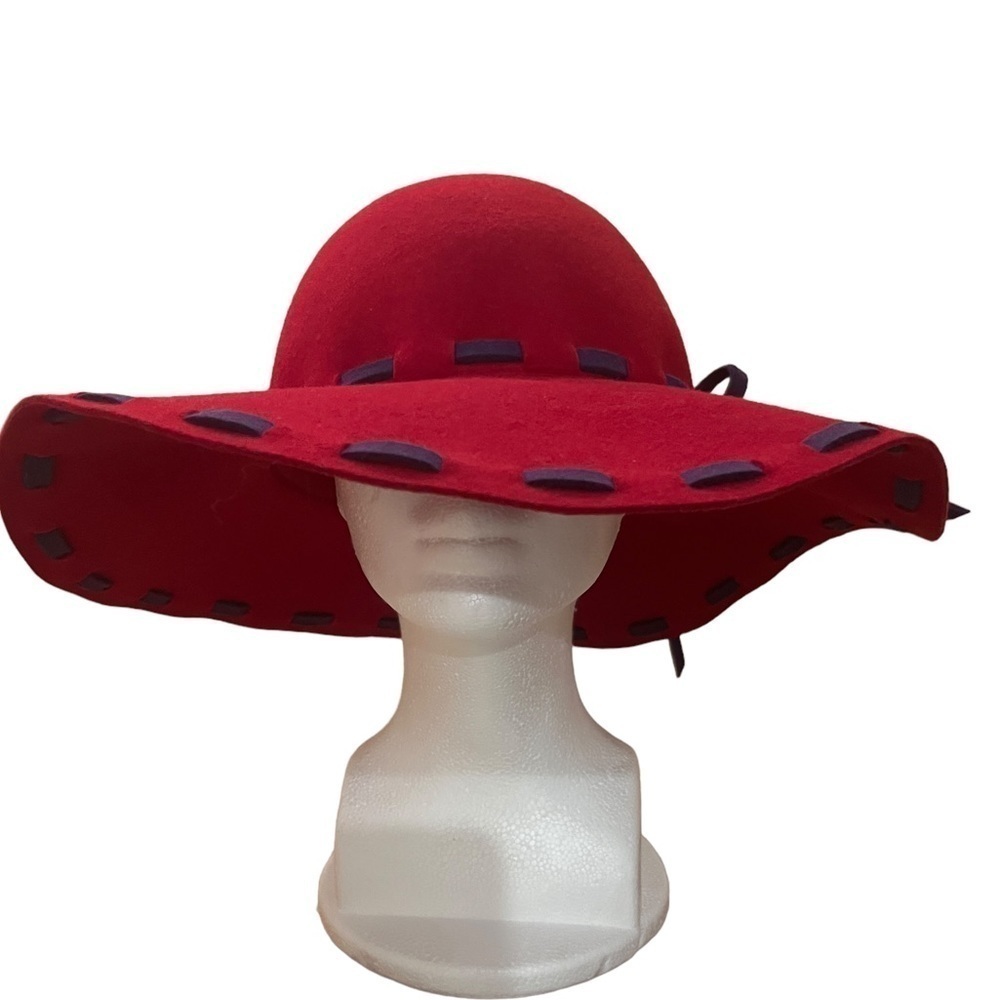 Cheveux Red & Purple 100% Wool Wide Brim Floppy Hat 15”